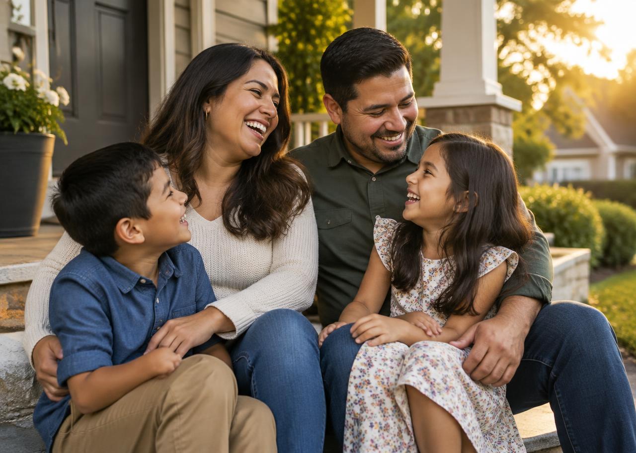 Familia sonriendo frente a su hogar